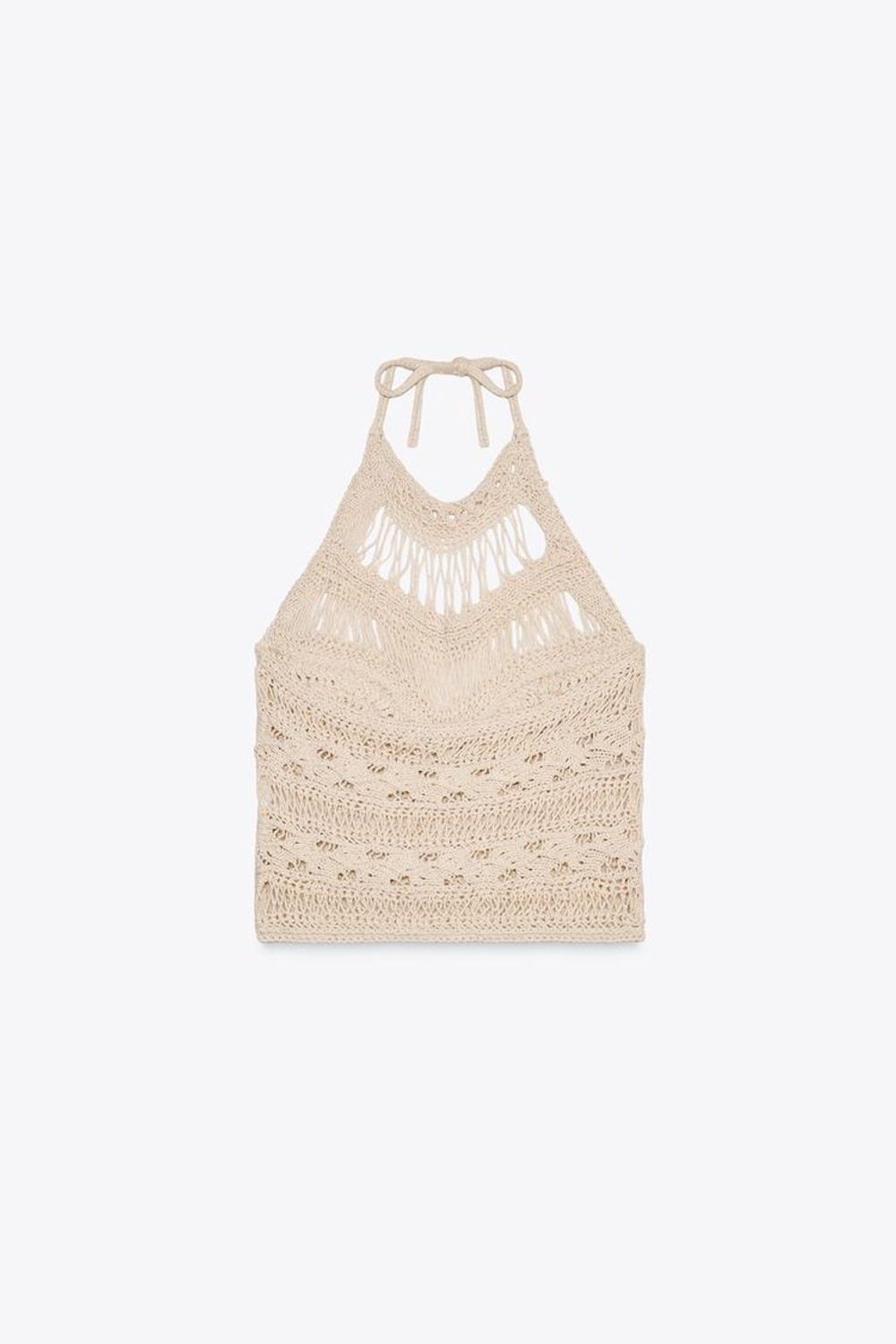 ZARA ТРИКОТАЖНЫЙ ТОП АЖУРНОЙ ВЯЗКИ С ГОРЛОВИНОЙ ХАЛТЕР, ПЕСОЧНЫЙ