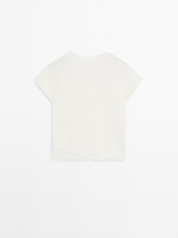 Massimo Dutti Трикотажный свитер из смесовой альпаки с короткими рукавами, натуральный, кремовый