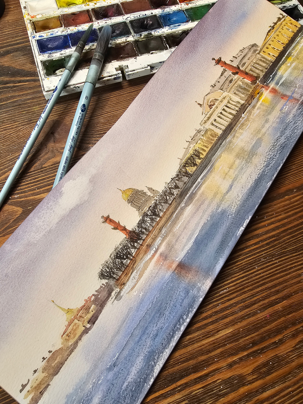 Картина авторская акварельная в раме 20х50 см на стену для интерьера "Весна на Ваське"