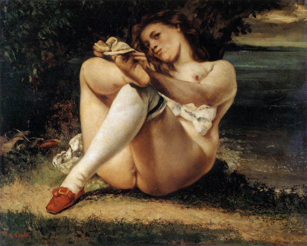Гюстав Курбе. 1861. Женщина с белыми чулками (La Femme aux bas blancs (Woman with White Stockings)). 65 х 81. Холст, масло. Филадельфия, Фонд Барнса.