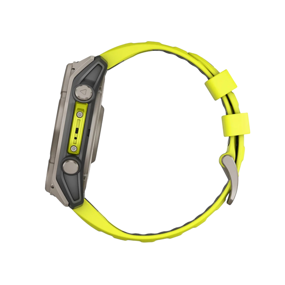 Спортивные часы Garmin fenix 8, 51 мм, Solar, титан, сапфир, силиконовый ремешок цвета «электрический жёлтый»/графитовый Безель из титана, дисплей Solar со стеклом Power Sapphire. Ремешок с классической застёжкой — на запястье обхватом 127–210 мм