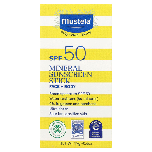 Mustela, минеральный солнцезащитный стик, SPF 50, 17 г (0,6 унции)