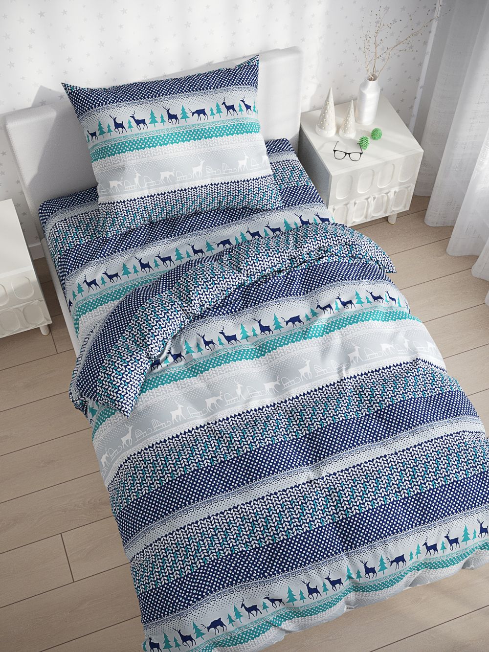 Постельное белье Сказка "Скандинавия" 1,5-сп Наволочка 50х70 см 1 шт Простынь на резинке 90х200 см Пододеяльник 145х215 см, перкаль