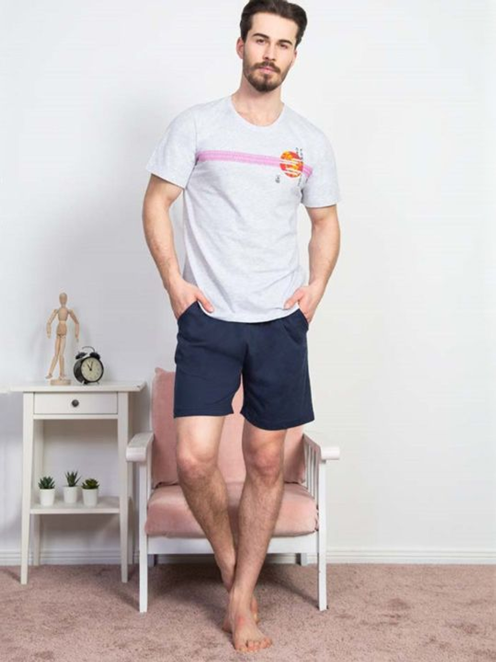 Мужской трикотажный комплект с шортами (Размер: S) (Цвет: серый с синим)