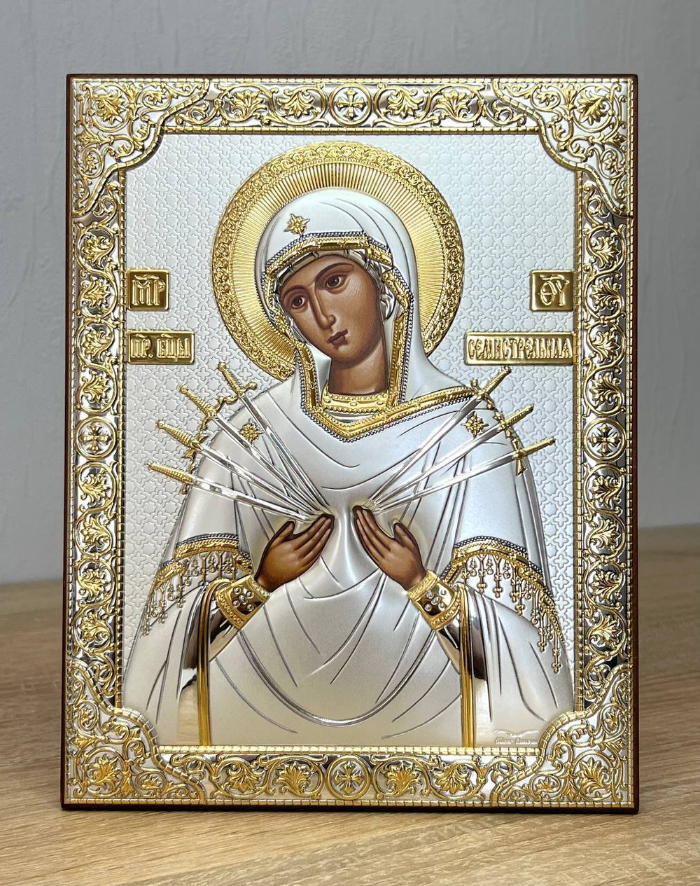 Семистрельная БМ, икона прямоугольная без рамки, красное дерево 150х200