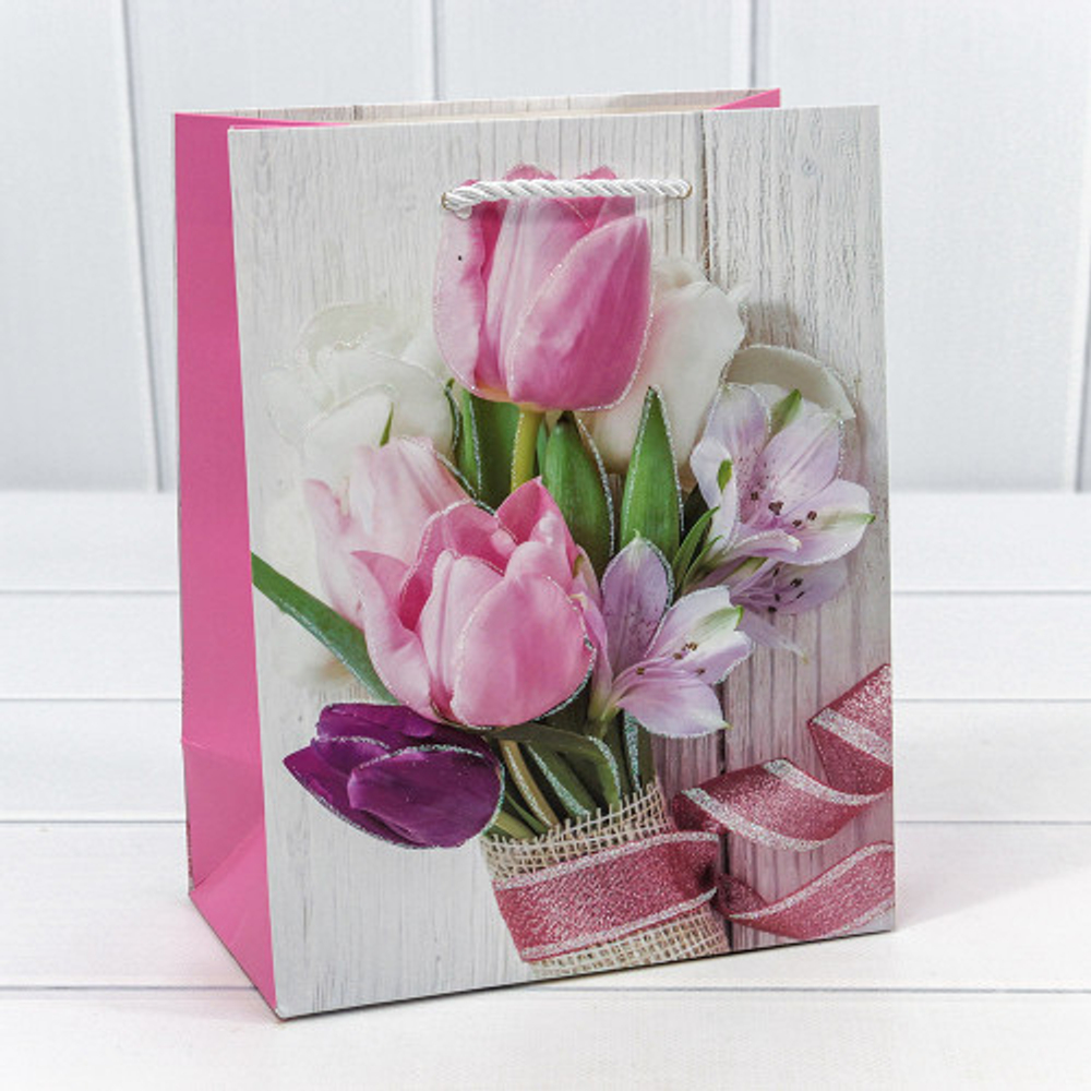 Пакет подарочный 18х23х10см Премиум "Тюльпаны" с блёстками (Микс)