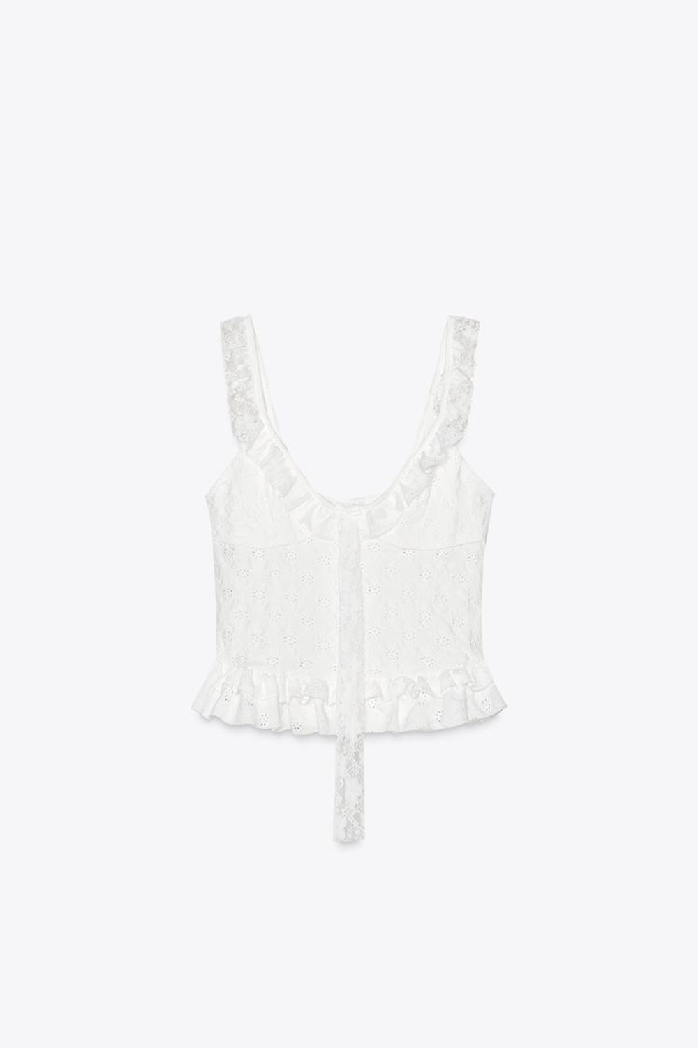 ZARA КРУЖЕВНОЙ ТОП С ВОЛАНАМИ, БЕЛЫЙ