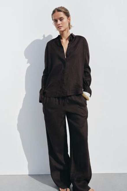 ZARA РУБАШКА ИЗ 100% ЛЬНА — ZW COLLECTION, КОРИЧНЕВЫЙ