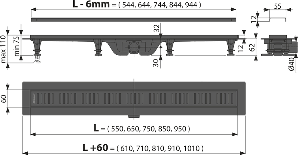 Душевой лоток Alcadrain Simple с черной матовой решеткой (APZ10BLACK-650M )