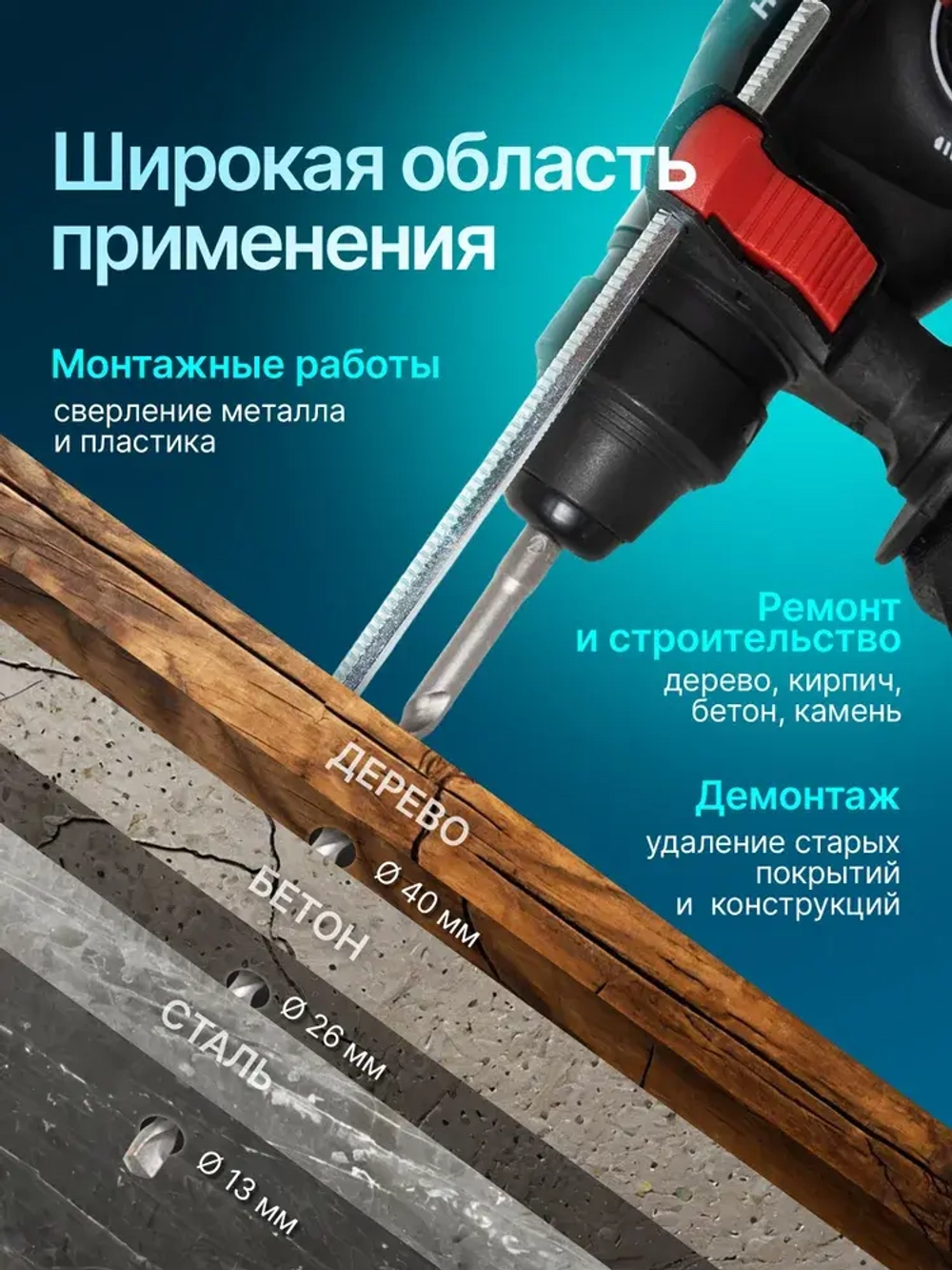 Перфоратор электрический 800 Вт, кейс, буры в комплекте