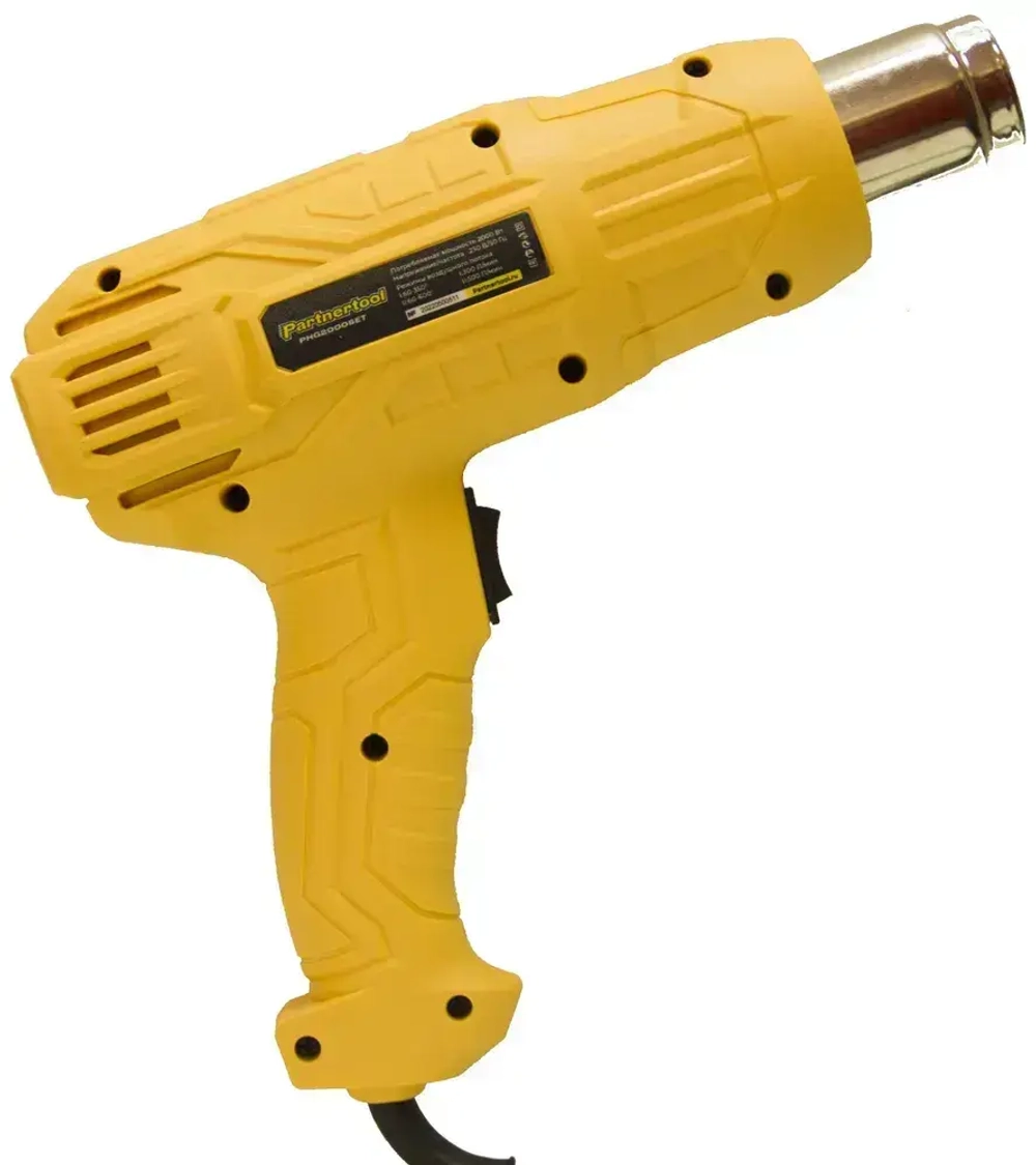 Фен промышленный-строительный Partnertool PHG2000SET, 2кВт, 2 режима 300-600С, 500л/мин, 6 насадок, КЕЙС