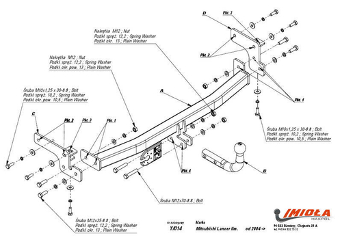 Фаркоп IMIOLA Y.014 Mitsubishi Lancer седан/хетчбек/универсал 2004-2007(паспорт и сертификат в комплекте)(без электрики)
