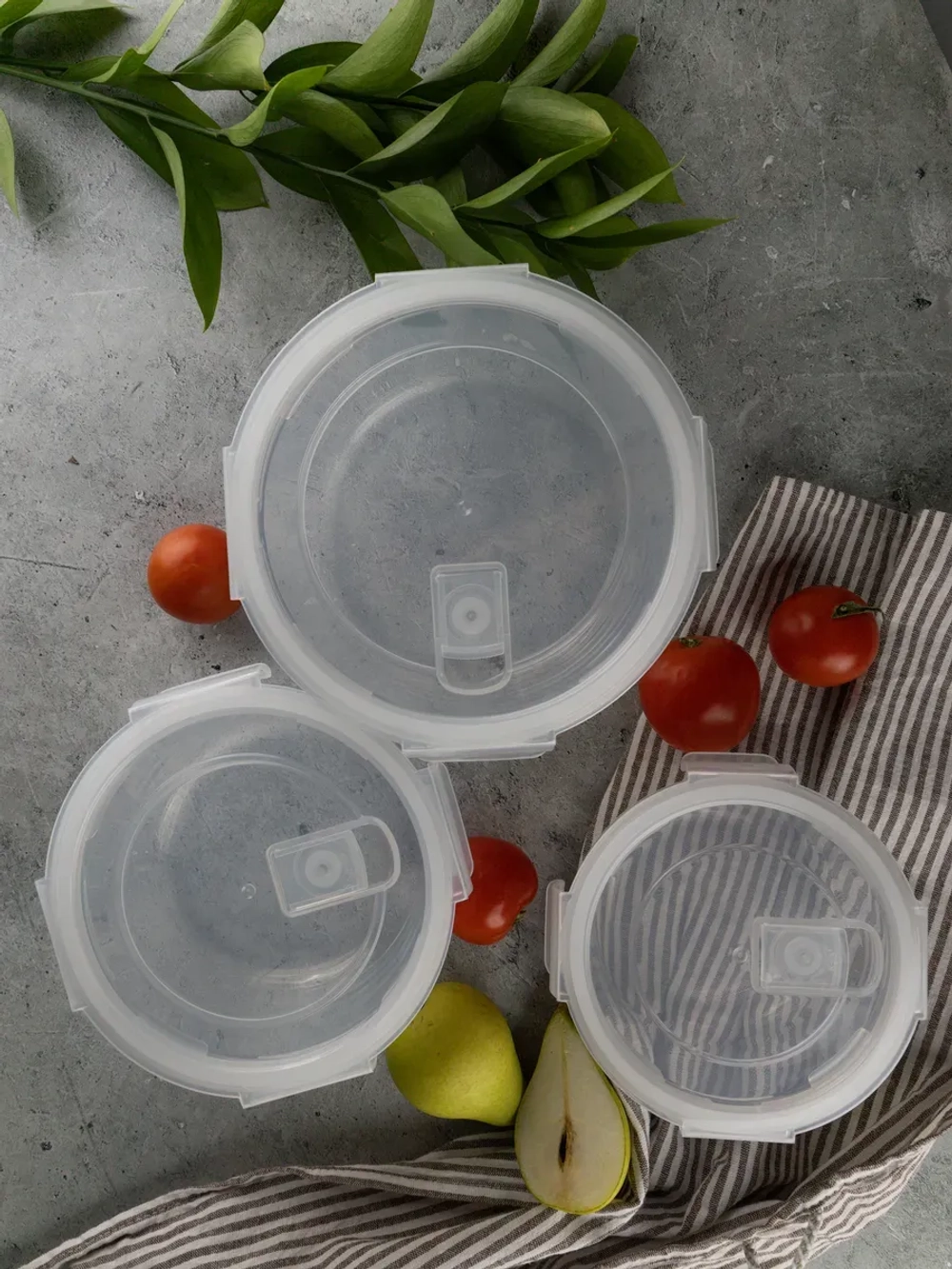 Контейнеры для еды стеклянные, 3 шт, круглые 880/600/325 мл