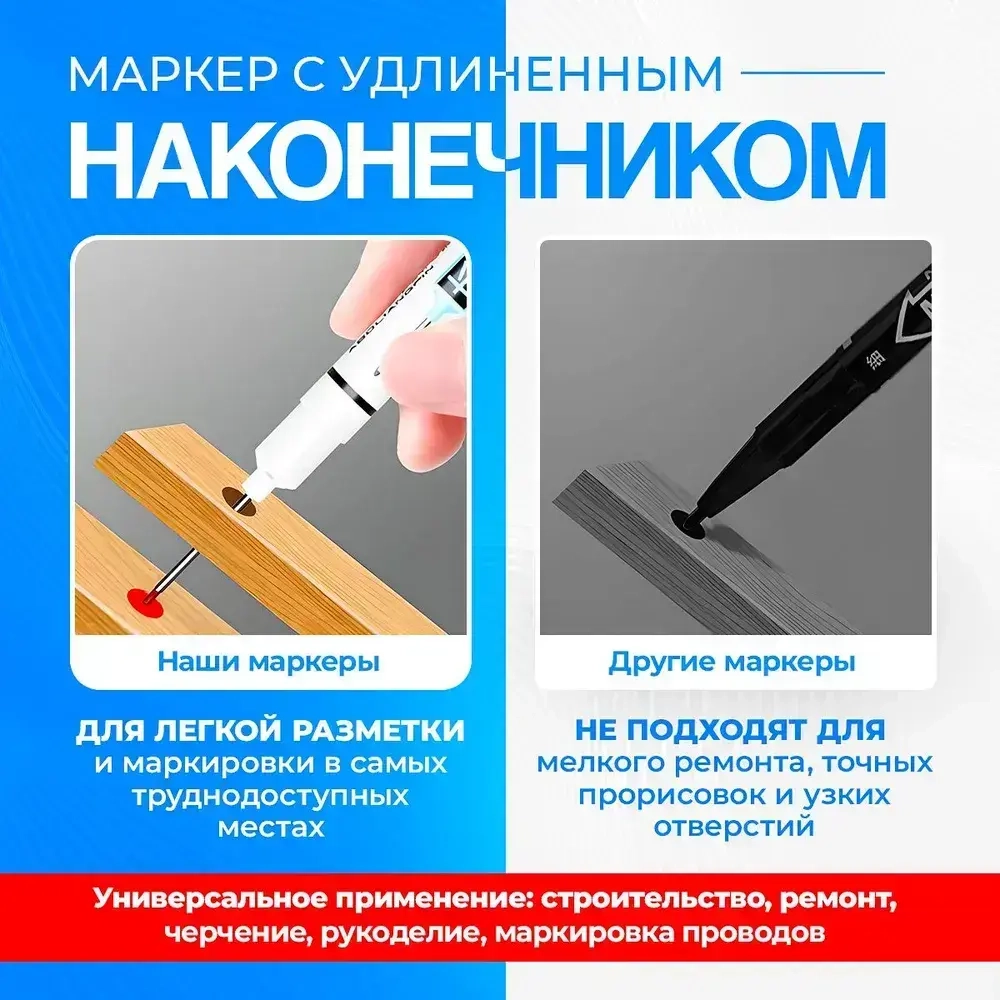 Маркер строительный тонкий разметочный, маркер с длинным наконечником, 4 шт.