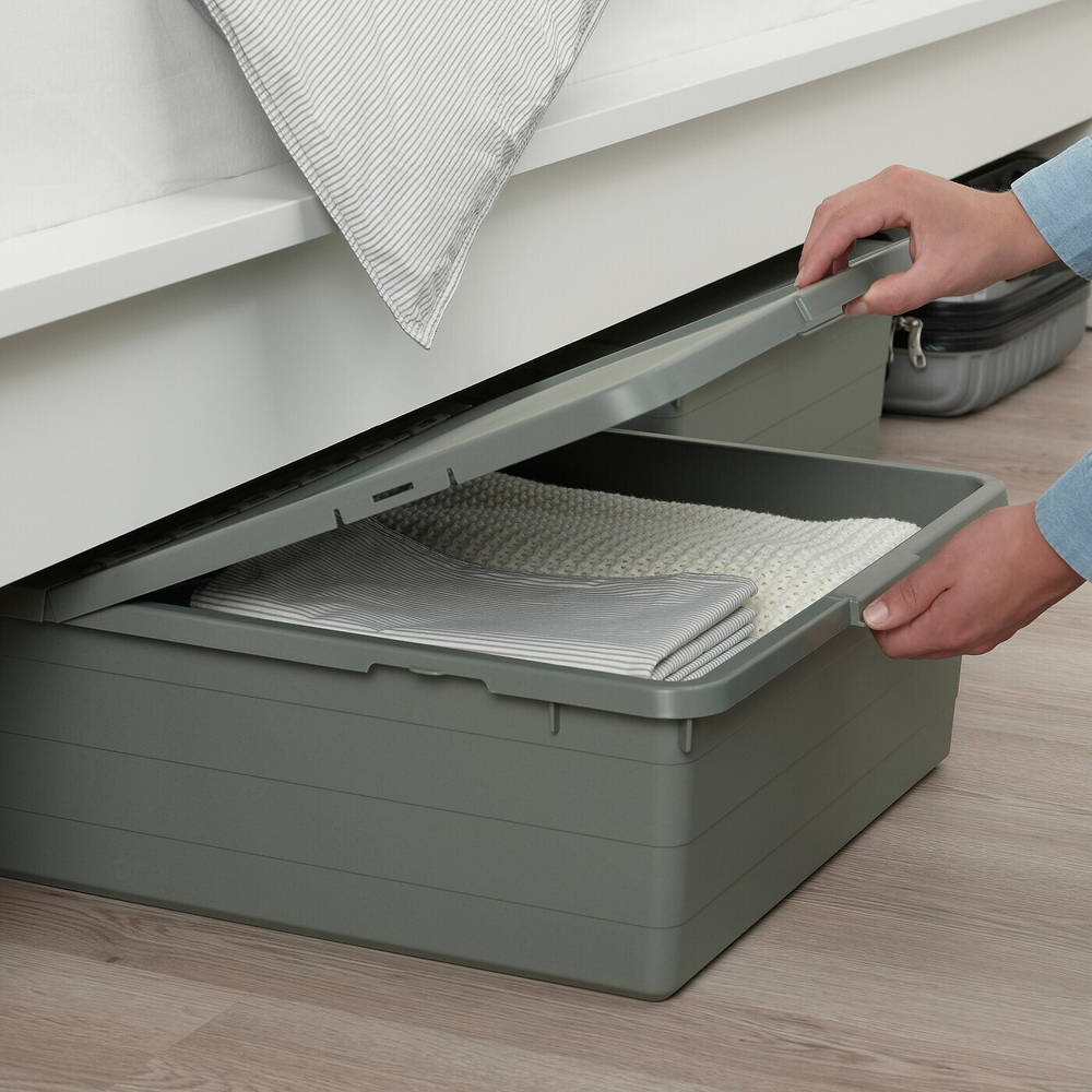 Коробка для хранения с крышкой IKEA SOCKERBIT (СОККЕРБИТ), Серо-зеленый, 50x77x19 см