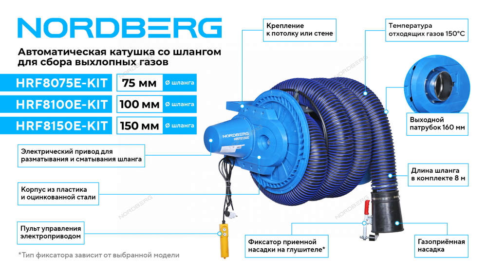 Катушка для сбора выхлопных газов с автоматическим приводом со шлангом L=8 м, D=100 мм и насадкой NORDBERG HRF8100E-KIT