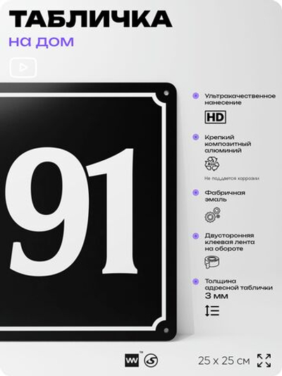 Адресная табличка с номером дома 191, на фасад и забор, черная, 25х25 см, Айдентика Технолоджи