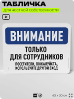 Табличка для частной территории "Внимание, только для сотрудников", на дом, для участка, организаций и частных территорий, предупреждающая, 40х30 см, Silver Plane x Айдентика Технолоджи