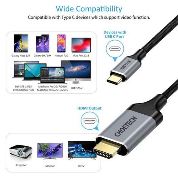 Кабель Choetech USB Type-C - HDMI Cable 1.8 м 4K 60Hz (CH0021-BK) Black / Черный