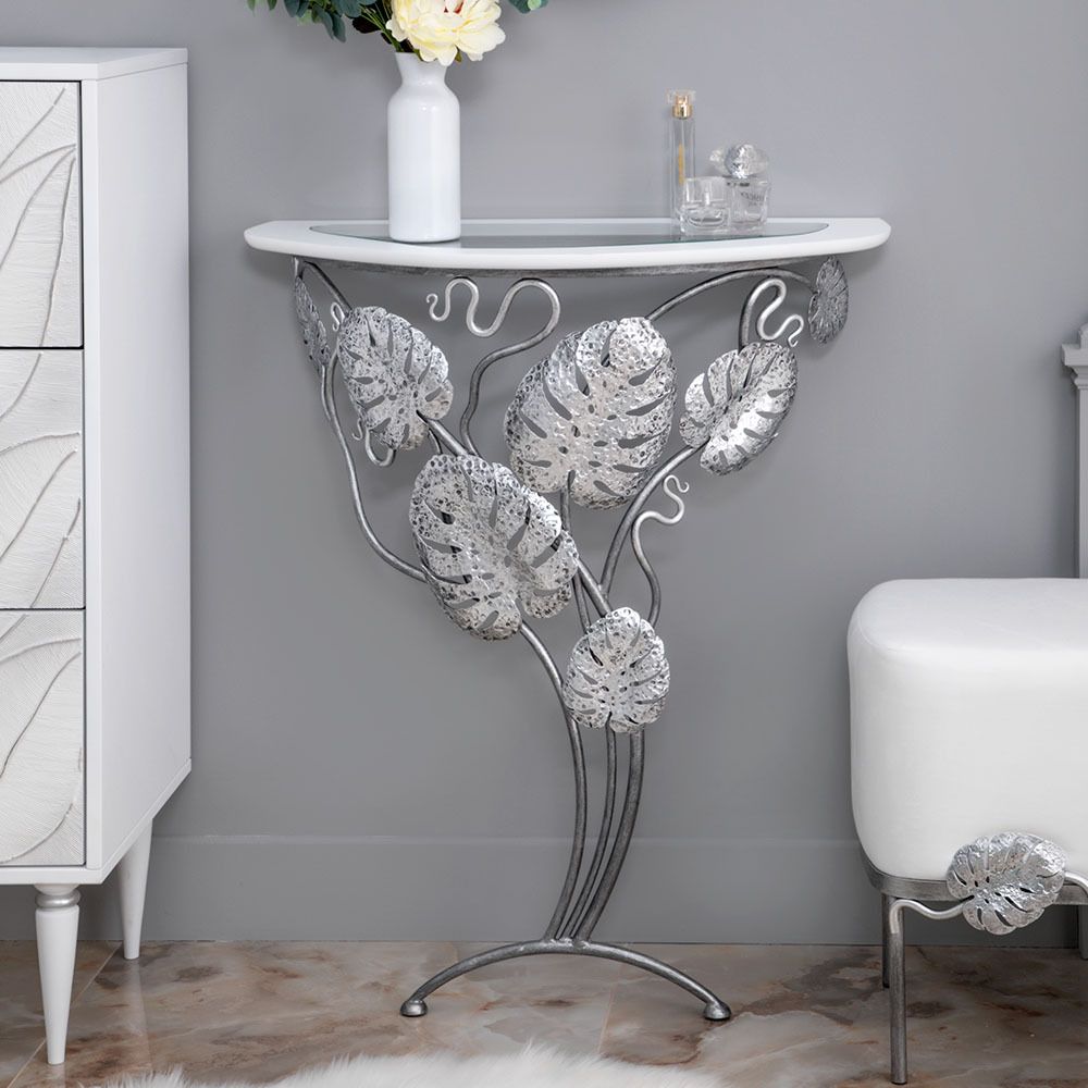 Консоль Monstera Deliciosa Wood (Монстера) Айс Античное серебро