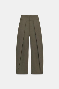 ZARA БРЮКИ-БАЛЛОНЫ СО СКЛАДКАМИ, ТЕМНЫЙ ХАКИ