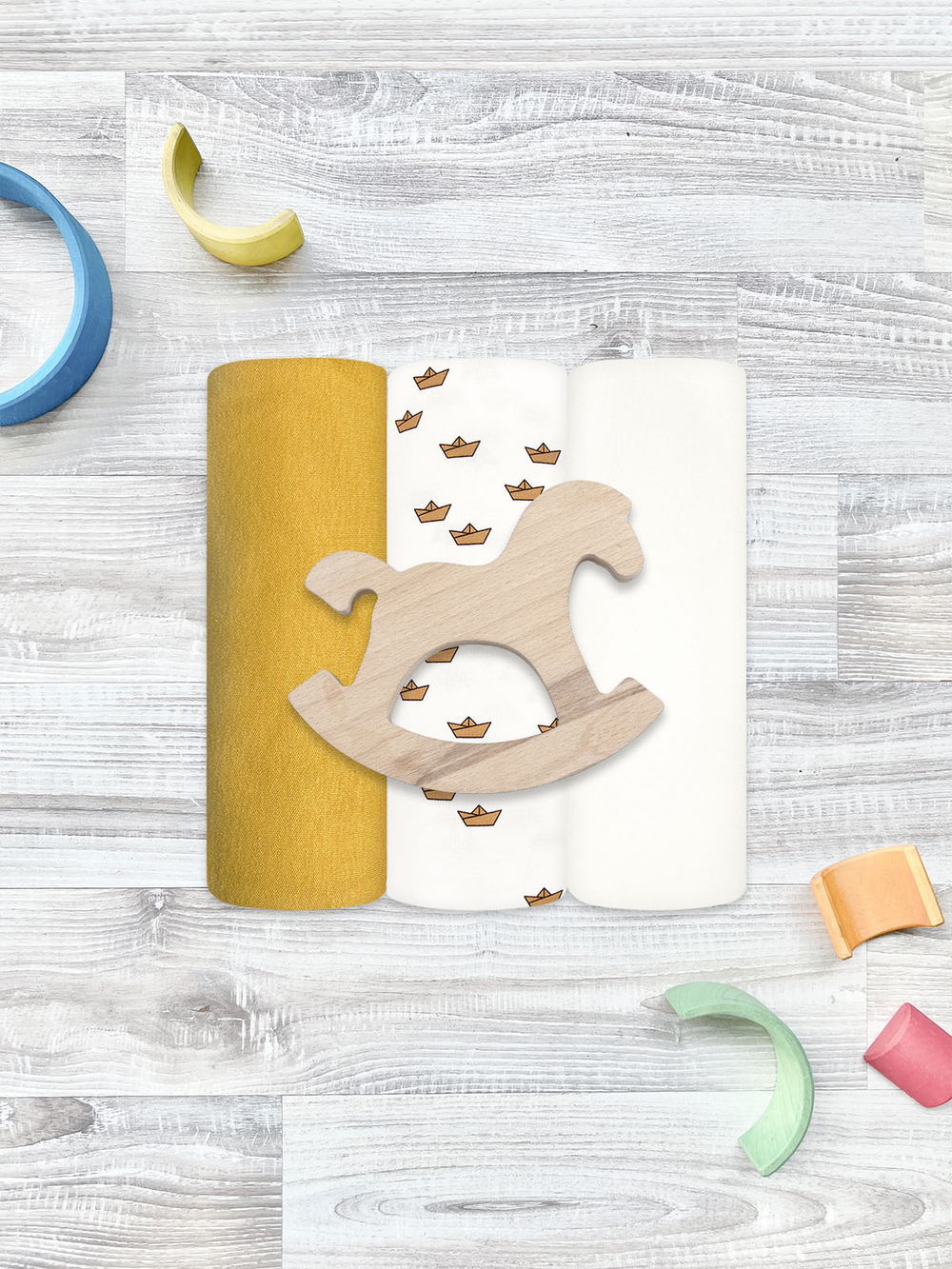 Сет из 3х пелёнок Экрю/Бумажные кораблики/Mustard