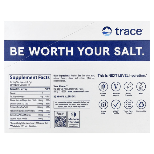 Trace, ZEROLyte, электролиты и кокосовая вода, со вкусом соленого цитруса, 30 пакетиков по 7,7 г (0,27 унции)