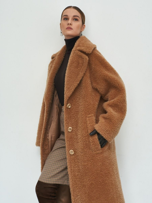 Шуба чебурашка женская из овечьей шерсти тедди, коричневая, SilverFox