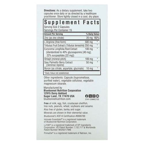 Bluebonnet Nutrition, Intimate Essentials, для него, повышение тестостерона и либидо, 30 вегетарианских капсул