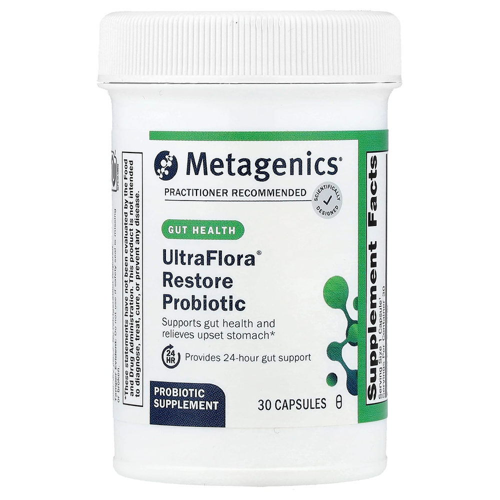 Metagenics, UltraFlora®, восстанавливающий пробиотик, 30 капсул (253,5 мг (20 млрд КОЕ) в 1 капсуле)