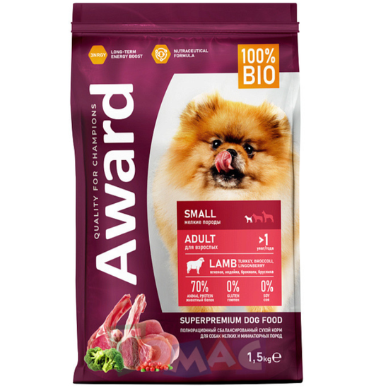 Сухой корм AWARD ДЛЯ ВЗРОСЛЫХ СОБАК МЕЛКИХ И МИНИАТЮРНЫХ ПОРОД с ягненком и индейкой с добавлением брокколи и брусники