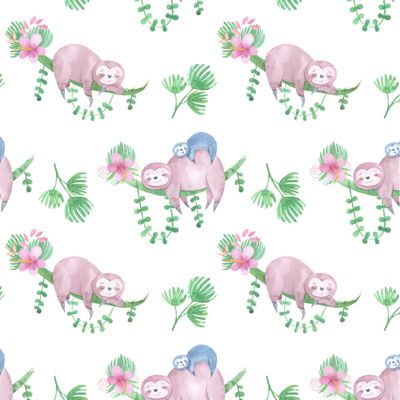 Милые ленивцы на ветвях. Тропические растения. Листья пальмы, розовые цветылые ленивцы на ветвях.