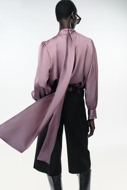 ZARA АТЛАСНАЯ РУБАШКА С БАНТОМ, ЦВЕТ МАЛЬВЫ