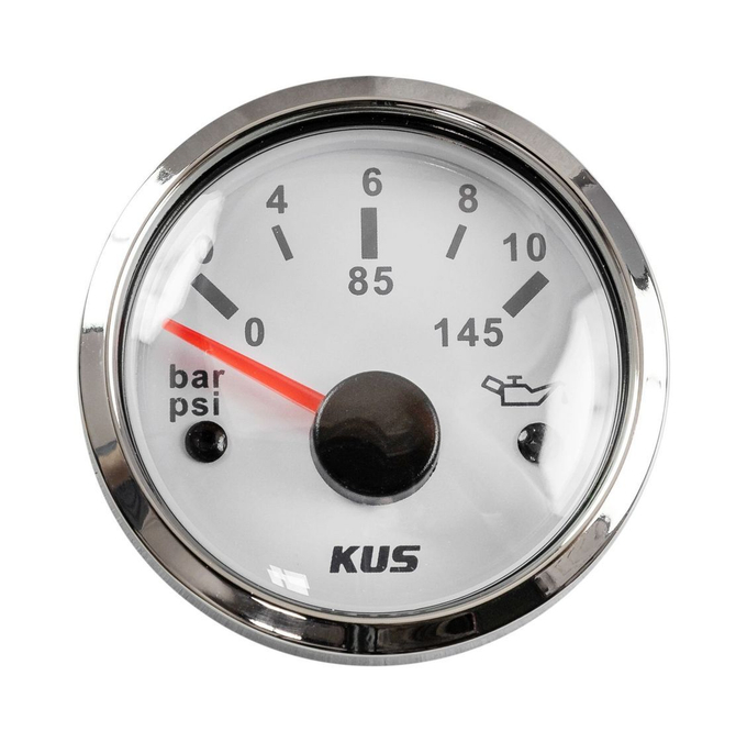 Указатель давления масла 0-10 бар, белый циферблат, нержавеющий ободок, д. 52 мм