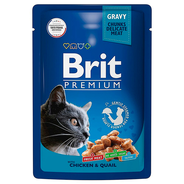 Влажный корм Brit Premium с цыпленком и перепелкой в соусе, для взрослых кошек, 85 г.
