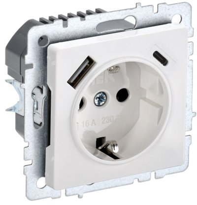 BRITE Розетка 1-местная с заземлением с защитными шторками 16А с USB A+C 18Вт РЮш11-1-БрБ белый IEK