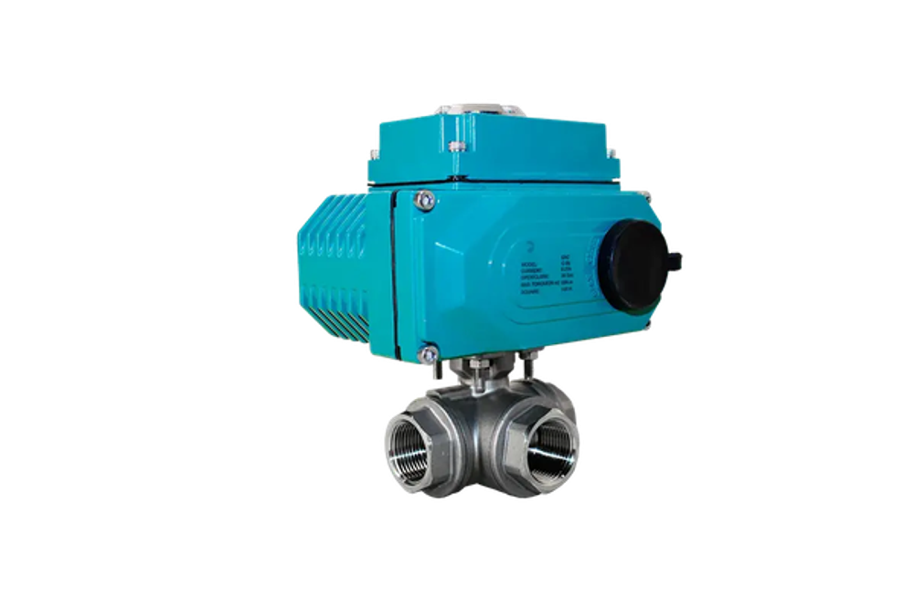 Кран шаровый трёхходовой L-тип, AISI304 DN32 (1_1/4"), с электроприводом AC 2V (С-05)