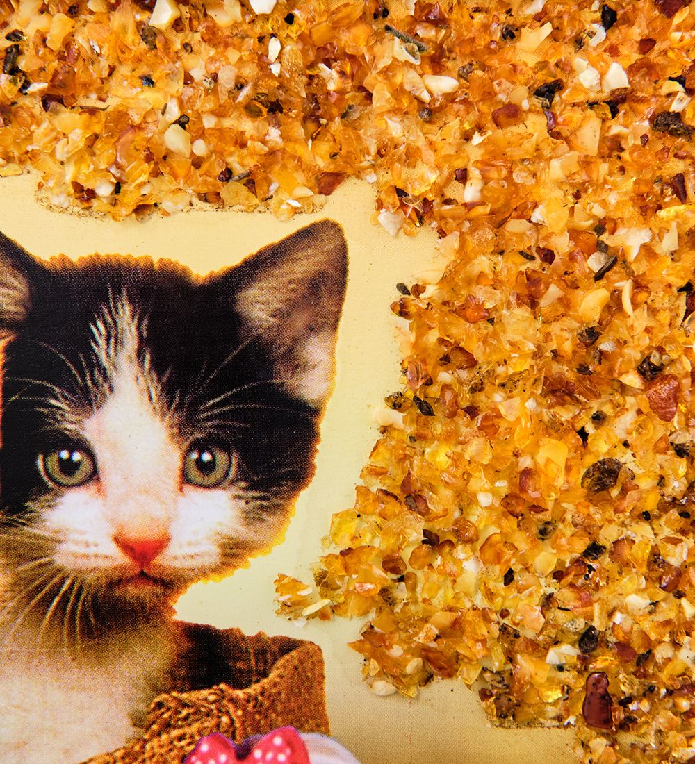 AMB-71/53 Картина «Дружная семейка котят и щенка» (с янтарной крошкой) дер.краш.рамка 21х30