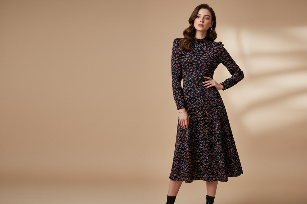 Сатин стрейч мелкие красные цветы на черном