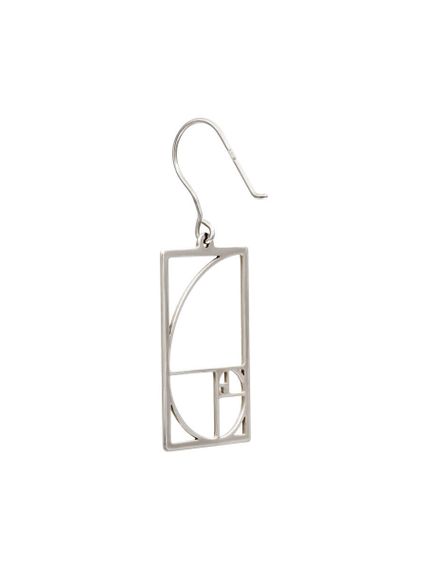 Серьги Золотое сечение Фибоначчи в квадрате из серебра, левая, вид полубоком крючком вперёд