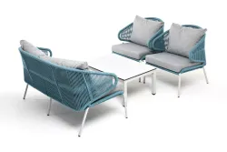 "Милан" лаунж-зона 4-местная плетеная из роупа (веревки), каркас алюминиевый светло-серый, роуп бирюзовый