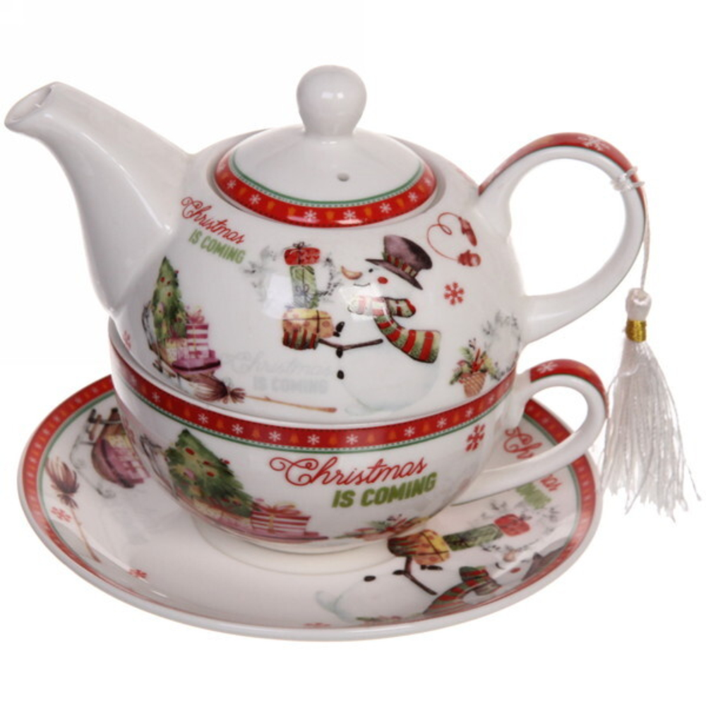 Набор чайный 3предмета ( чайник керамический 300мл+кружка 250мл+блюдце) «Снеговик»