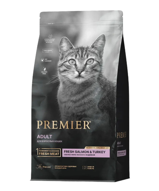 Сухой корм для взрослых кошек Premier Cat Adult с чувствительной кожей и шерстью лосось с индейкой 0,4кг