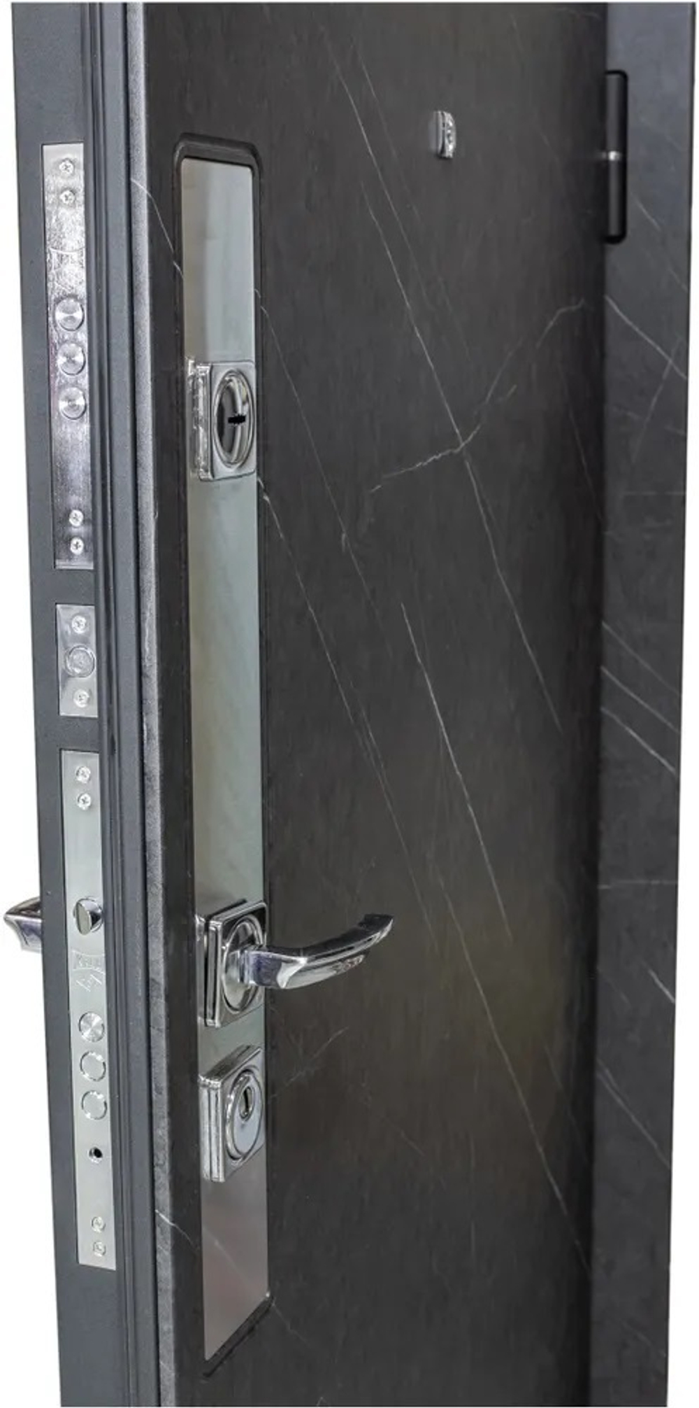 Входная дверь в квартиру STR МХ - 26 Гранит лава оникс, вставка нержавеющая сталь / Д13 Белый софт