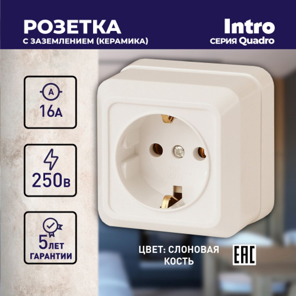 Розетка Intro Quadro 2-202-02 с заземлением 2P+E Schuko, 16А-250В, IP20, ОУ, слоновая кость
