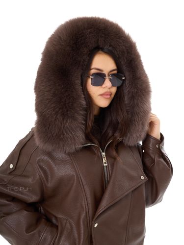 Шоколадный пуховик из эко-кожи с капюшоном