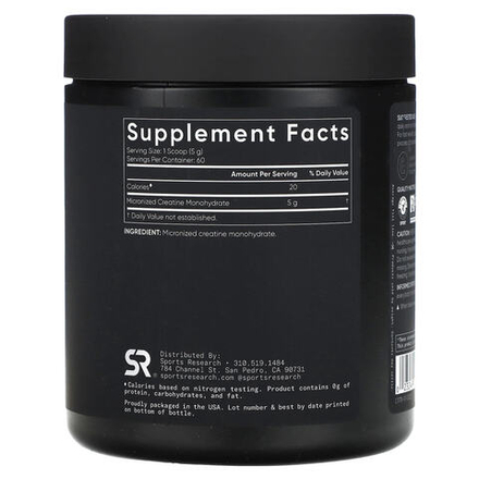 Sports Research, моногидрат креатина, без добавок, 300 г (10,58 унции)