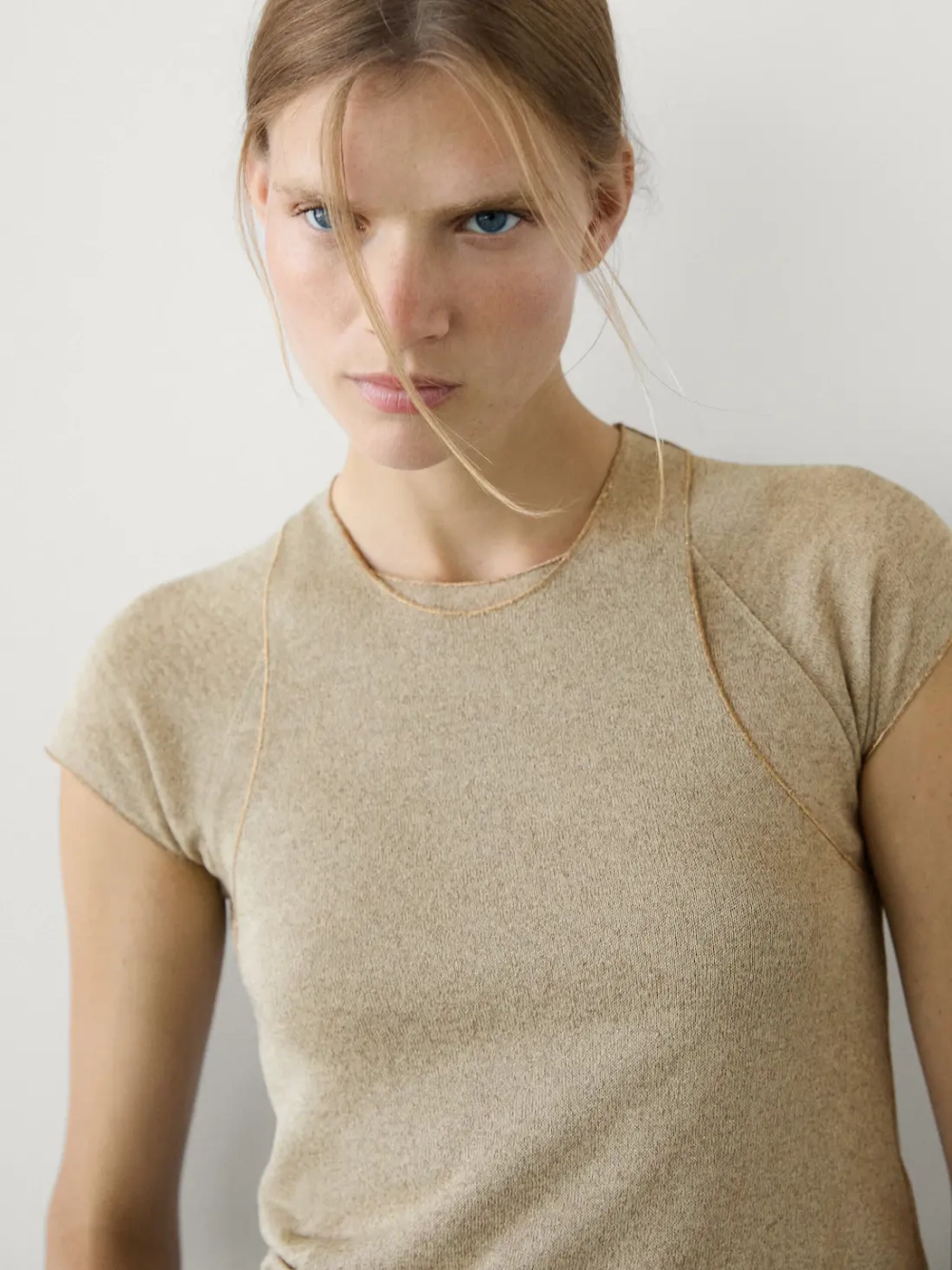 Massimo Dutti Футболка с рукавами реглан и блестящей окантовкой, золотистый