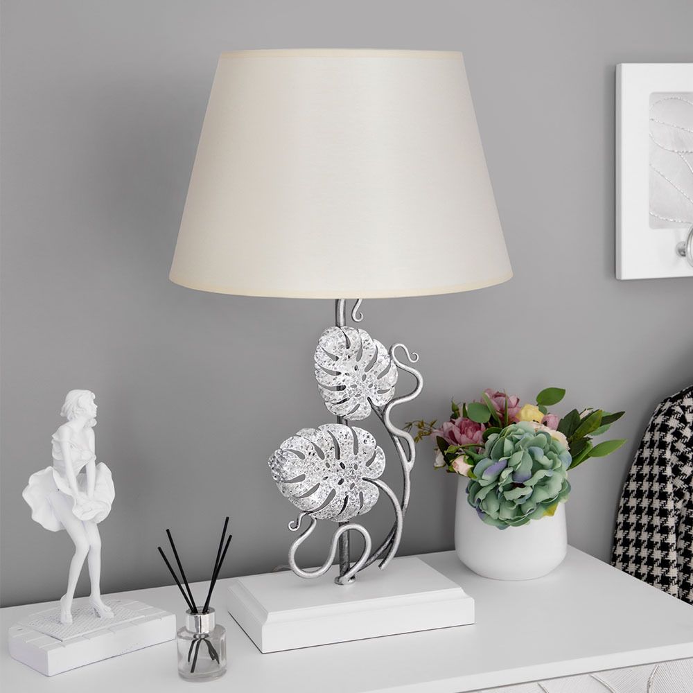 Настольная лампа Monstera Deliciosa (Монстера) Айс Античное серебро с абажуром Сити Кремовый