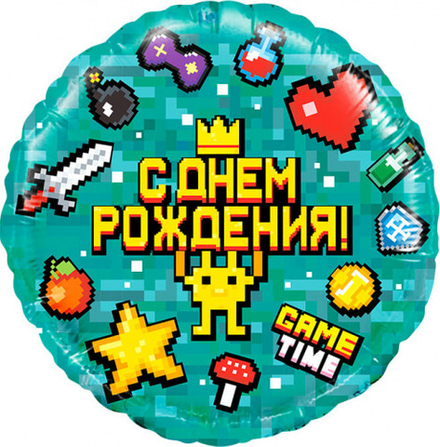 Шар (18""/46 см) Круг, Game Time, Пиксели, 1 шт. в упак. Д39